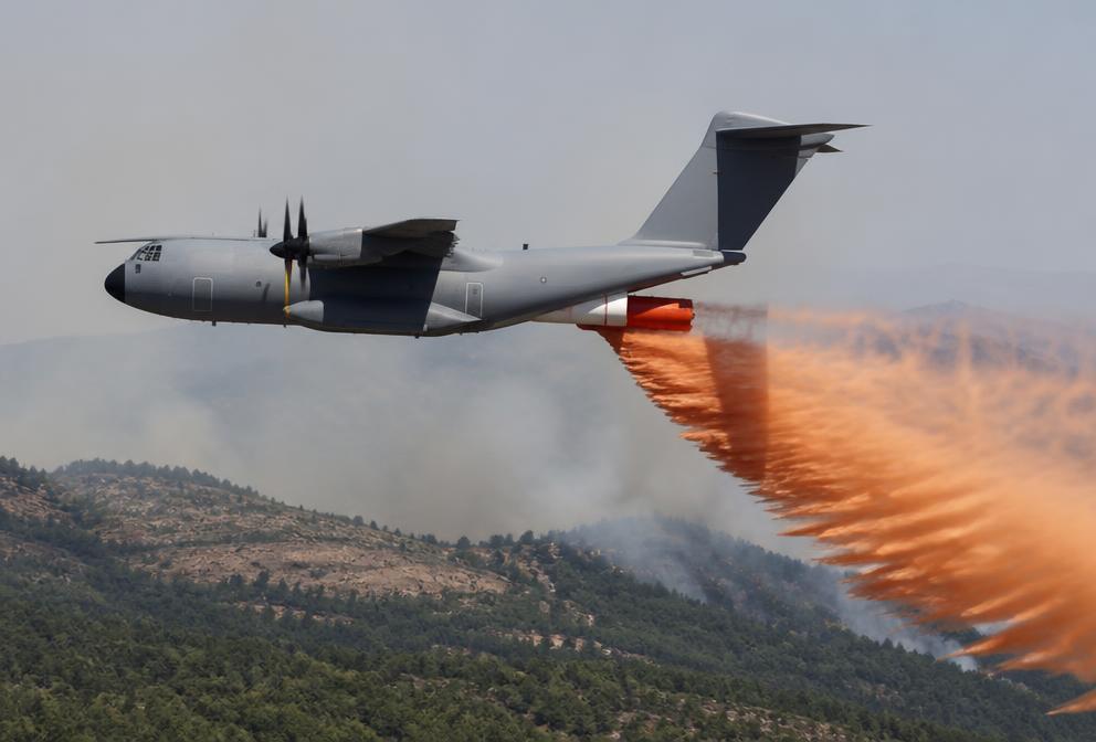 Avión de transporte militar cuatrimotor en vuelo bajo liberando una cortina de agente retardante de color naranja sobre una ladera forestal con humo.