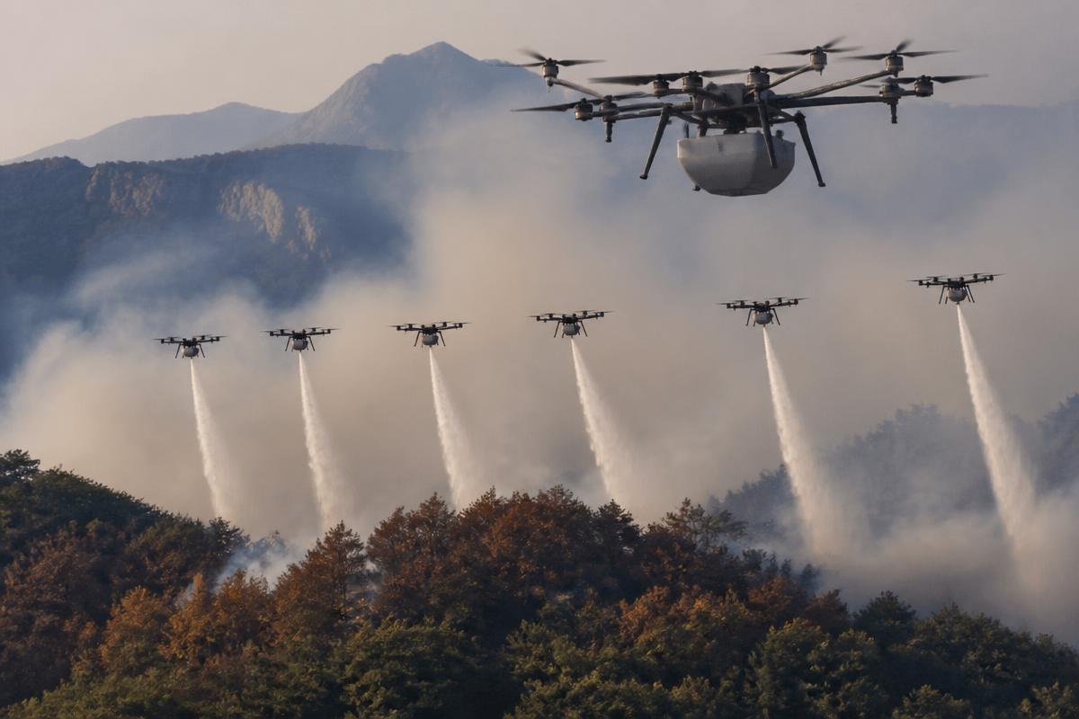 Enjambre de seis drones multirrotor ligeros descargando chorros de agua en formación sobre una cresta forestal con humo, con un dron nodriza de mayor tamaño y depósito grande sobrevolando por detrás.