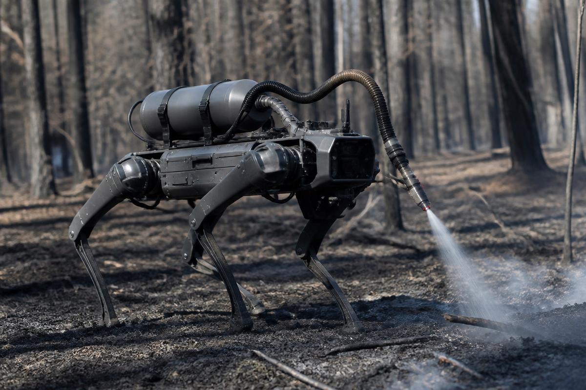 Robot cuadrúpedo gris con depósito cilíndrico dorsal y lanza flexible pulverizando agente supresor sobre suelo quemado y humeante en un bosque calcinado.