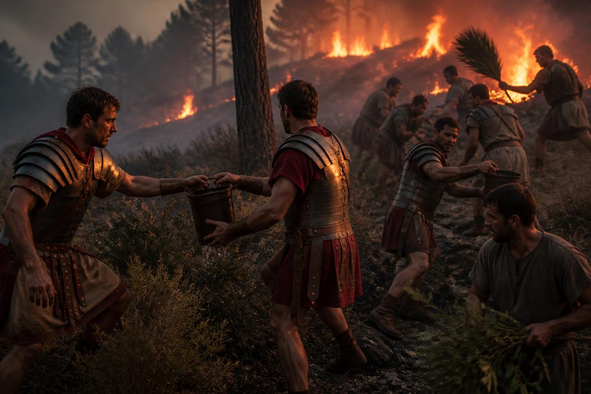 Recreación de soldados y vigiles romanos pasando cubos de agua en cadena y batiendo las llamas con ramas y hojas de palma en una ladera mediterránea al atardecer.