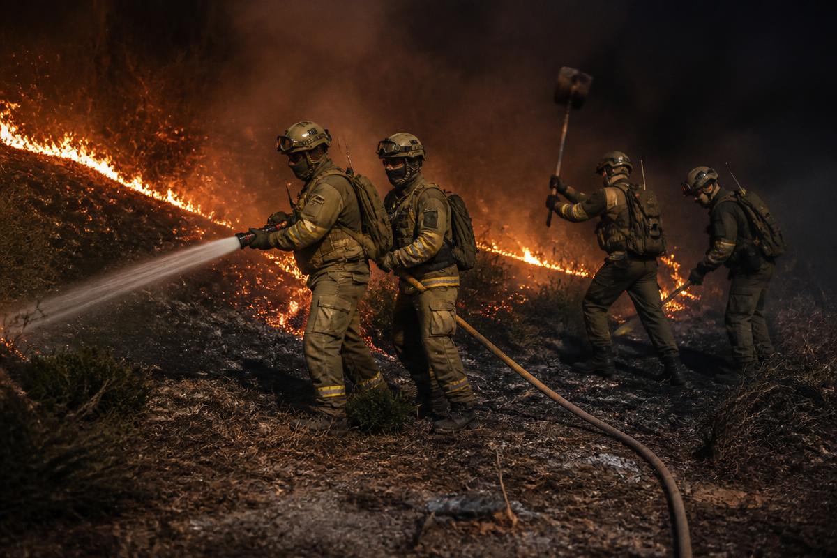 Militares de emergencia con traje ignífugo verde oliva y casco avanzan de noche sobre el flanco de un incendio: dos con línea de manguera cargada y dos batiendo el borde de la llama con batefuegos.